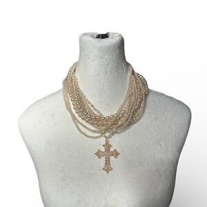 Elegant Pearl and Gold Cross Necklace